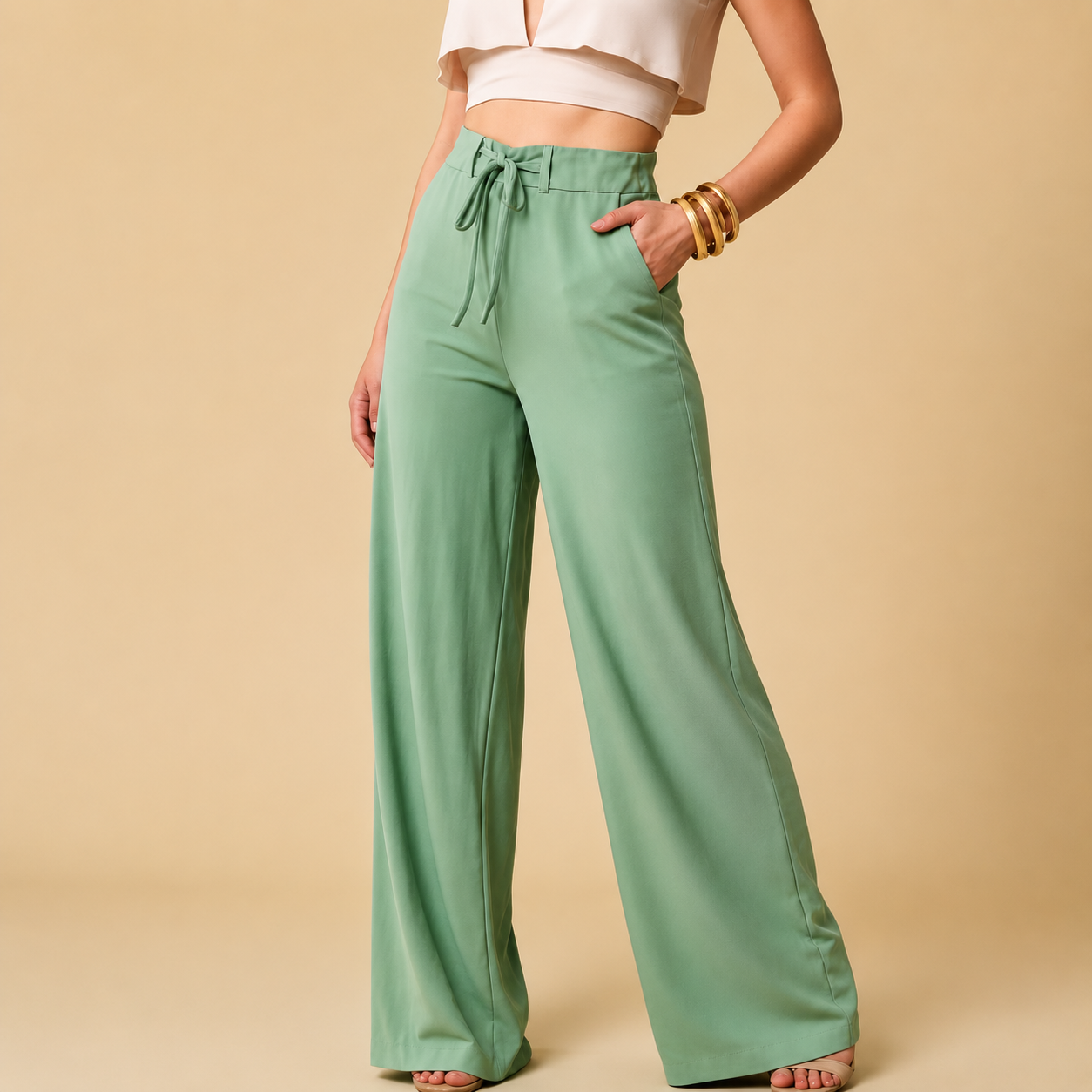Calça Pantalona Cintura Alta com Amarração Elegância e Conforto Marrante Feminina COD 182